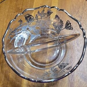 Vintage 1940s Silver City Glass Co. Divided Dish, Etched Flower Design